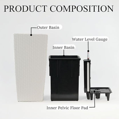 23in Tall Planter Set of 2, Large Self Watering Pots for Indoor/Outdoor Plants with Drain Holes, Water Level Monitor, Inner Bucket for Front Porch Patio, White Rattan