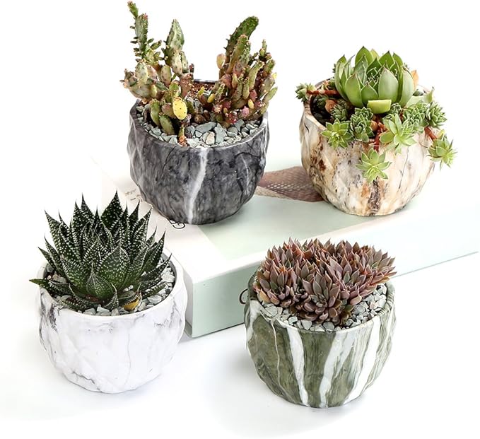 SE SUN-E Sun-E Modern Style Marbling Ceramic Flower Pot Succulent/Cactus Planter Pots Container Bonsai Planters with Hole 3.35 Inch Gift Idea(4 in Set) Plants Not Included