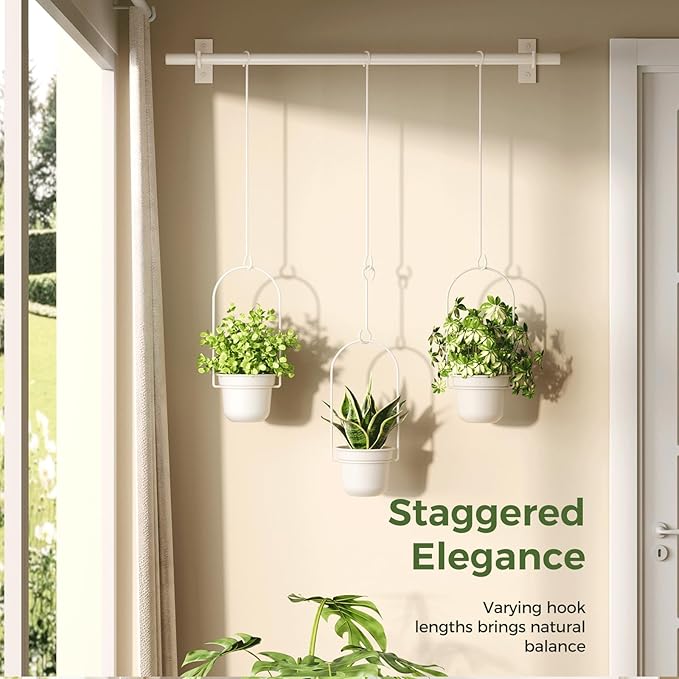 Bamworld Hanging Planters for Indoor Plants with 3Pots Metal Plant Hanger Indoor Hanging Plant Holder Wall Planters Window Plant Shelves Plant Hanger Rod for Hanging Pots for Wall Decor(White)