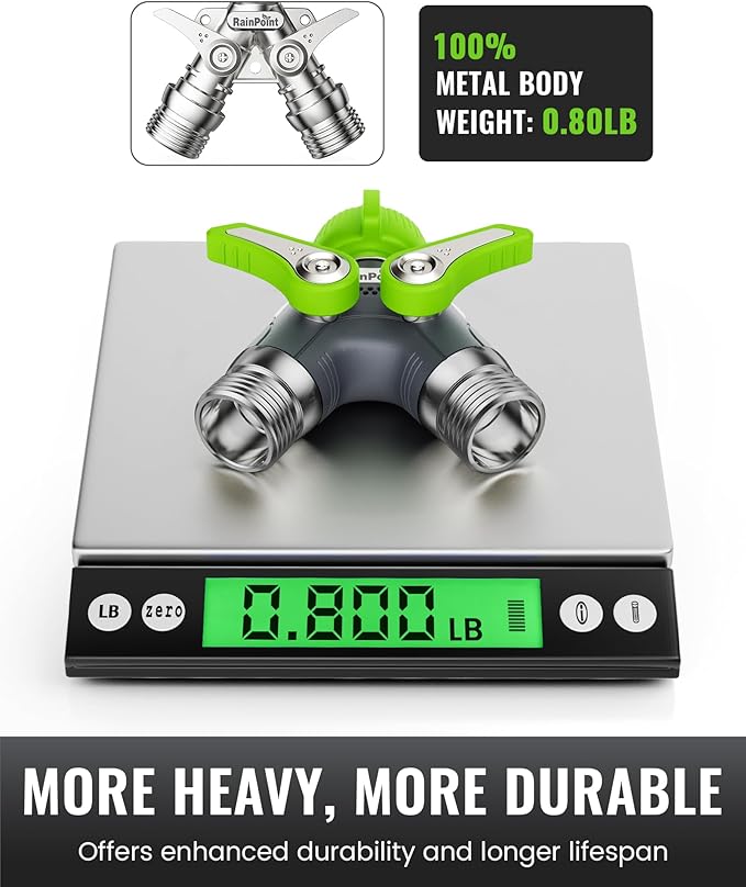 RAINPOINT Garden Hose Splitter, 2 Way Heavy Duty Water Hose Y Spigot Splitter with Shutoff Valves, 100% Metal Body Outdoor Faucet Splitter, 1.9" Extra Long Metal Handle, 3/4" GHT Thread (2, Green)