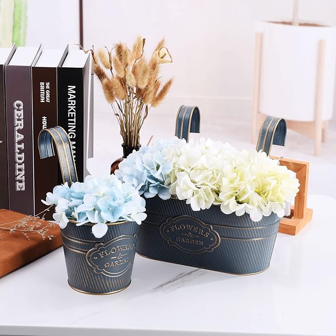 PerGar Vintage Metal Iron Wall Hanging Flower Pots, Rustic Planter Bucket Herb Flower Plant Holder with Detachable Hooks & Drainage Hole for Railing Fence Balcony Deck Garden Home Decoration, Set of 3