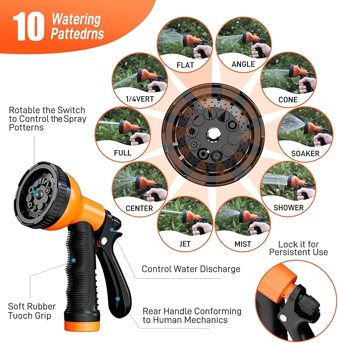 Garden Hose 75FT Stainless Steel Water Hose with 10 Functions Adjustable Spray Nozzle, Heavy-Duty Metal Garden Hose Flexible Durable No-Tangle & Kink Leak Dog Proof Hose for Yard Lawn(Orange)