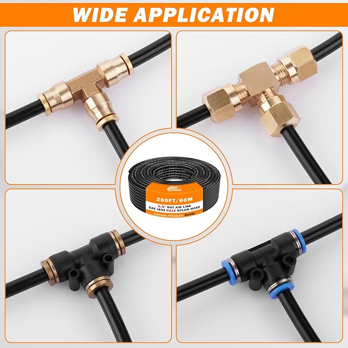 CheeMuii 200 FT 3/8 Pneumatic Tubing 3/8" DOT Air Line SAE J844 PA12 Nylon DOT Air Hose 61 Meter 3/8 Inch OD Pneumatic Air Tubing Pipe Hose Line