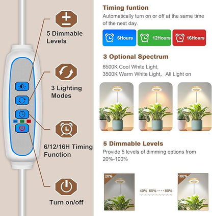 Plant Grow Light, 48 LEDs Full Spectrum Grow Lights for Indoor Plants, Height Adjustable Faux Wood Grain Small Grow Light with Base, 3 Optional Spectrums, Auto Timer 6/12/16Hrs, 5 Brightness