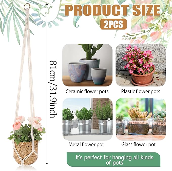 Extra Long Macrame Plant Hanger, 2 Pack Boho Hanging Planters Baskets for Indoor Plants Decorative Braided Cotton Rope Flower Pot Holder with Metal Hook Rings for Outdoor Home Decor, 34 Inches