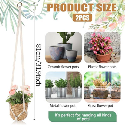 Extra Long Macrame Plant Hanger, 2 Pack Boho Hanging Planters Baskets for Indoor Plants Decorative Braided Cotton Rope Flower Pot Holder with Metal Hook Rings for Outdoor Home Decor, 34 Inches