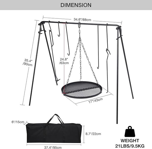 REDCAMP Swing Campfire Grill Stand - Collapsible Campfire Cooking Rack with 6 Hooks & Iron Grill Grate, Portable Dutch Oven Hanger for Outdoor Camping, Cookware, Bonfire, Round