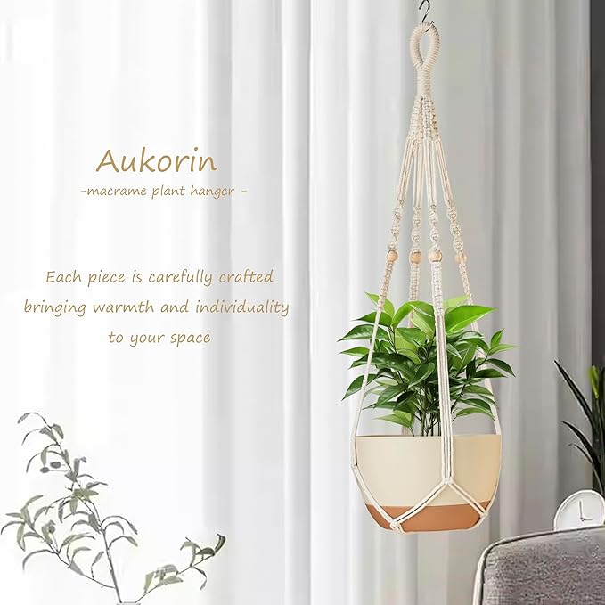 35 Inch Macrame Plant Hanger Indoor Outdoor Fits 4 to 15 inch pots Hanging Planter Basket with Wood Beads and No Tassels,Boho Home Decor,Ivory,Set of 2 (Pots Not Included)