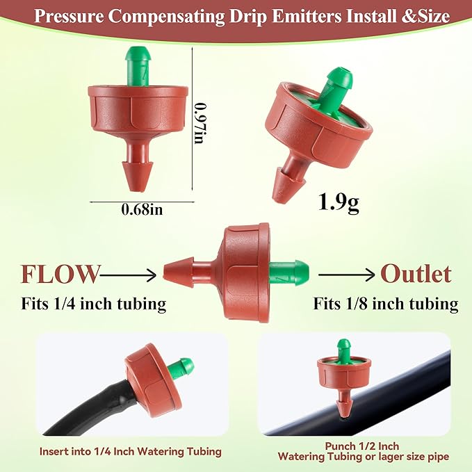60Pcs 0.25 GPH Pressure Compensating Irrigation Spot Drippers,Constant Flow Barb Outlet Watering Dripper Emitters Heads Parts for 1/4 Inch Watering Tubing Line for Garden Pots Plant Irrigation Systems