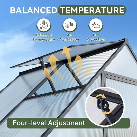Aoxun 4x6 FT Outdoor Greenhouse, Polycarbonate Greenhouse with Aluminum Frame, Walk-in Green House with Roof Vent, Ground Nails, Lockable Door for Garden Backyard, Patio, Lawn,Quick-Installation