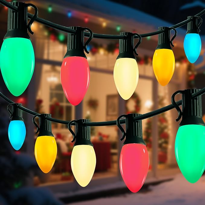 25Ft Multicolor Christmas Lights Outdoor, C9 7W Vintage Ceramic Christmas String Lights with 26 Colorful Bulbs, Hanging Patio Lights for Porch Roofline Christmas Tree Garden Pathway Indoor Decor