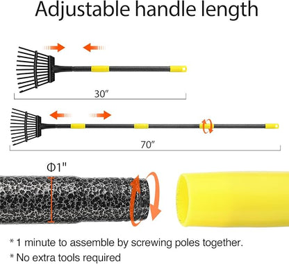 Oliynedy Leaf Rake for Gardening, Adjustable Metal Garden Rake for Leaves Long Handle 30-70", 11 Tines 9" Wide Small Lawn Collapsible Yard Adult Kids Rake for Camping Flower Beds Mulch Shrub