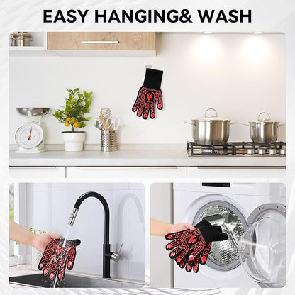 BBQ & Grill Gloves, Oven Gloves, 1472°F Silicone Oven Mitts Heat Resistant Grilling Gloves Fireproof Non-Slip for Barbecue Cooking Baking Smoking, 1-Pair Red（L）