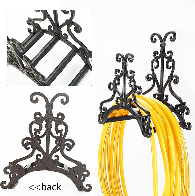 Sungmor Heavy Duty Cast Iron Garden Hose Holder - Wall Mounted Water Hose Hanger - European Vintage Pattern Decorative Hose Rack - Large Water Hose Bulter Storage - Indoor Outdoor Metal Hose Stand