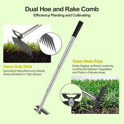Weed Puller Picker Tool Scuffle Hoe Rake, Hand Tiller Small for Planting, Grass Weeder Dandelion Uprooting Remover, Standing Cultivator for Flower Garden Beds Lawns Yard Weeding and Leveling