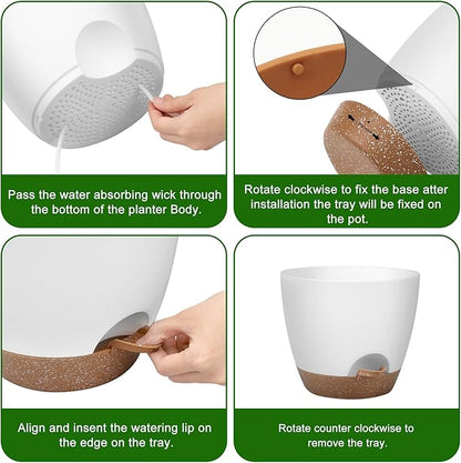 Plant Pots 12/10/9 Inch Self Watering Pots, Set of 3 Plastic Planters with Drainage Holes and Saucers,Plastic Flower Pots,Nursery Planting Pot for Indoor Out Door Plants(White)