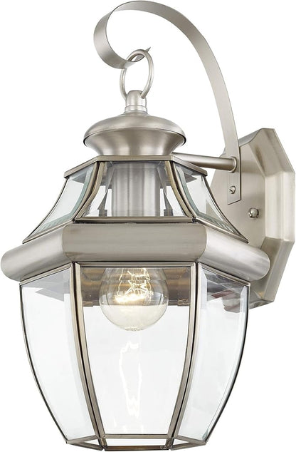 Livex Lighting 2151-91 Monterey 1 Light Outdoor Brushed Nickel Finish Solid Brass Wall Lantern with Clear Beveled Glass 13" x 8.5" x 8.25"