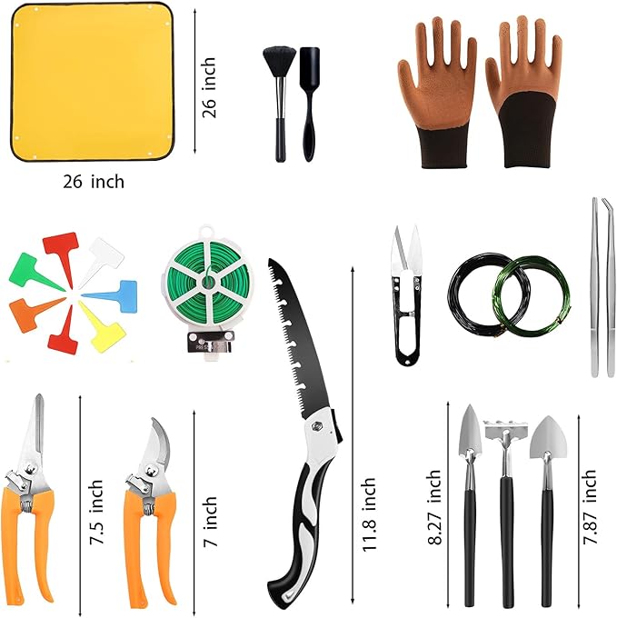 Bonsai Tools Set for Beginners, Bonsai Tree Kit with Training Wire, Scissors, Pruning Shears, Repotting Kit, Indoor Plant Tools Starter Kit (Orange with saws)