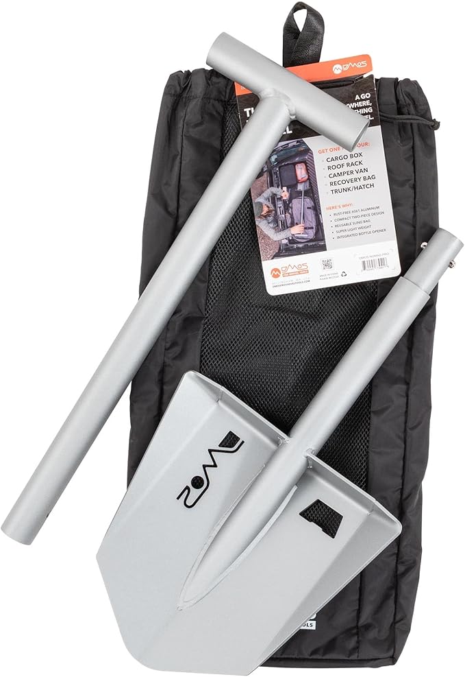 DMOS Nomad Shovel - 2-Piece Collapsible Lightweight Aluminum Shovel for Camping, Overlanding, Survival, Military, Hunting, & Off-Road Use - Silver - Pro
