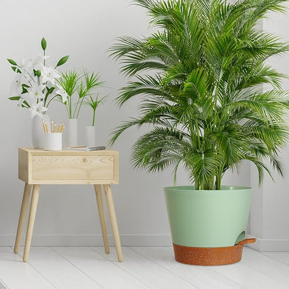 12 inch Large Self Watering Pots for Indoor Outdoor Plants, Flower Plant Pots with Drainage Holes for Garden House Plants, Plastic Planters with Reservoir for Home, Green with Brown