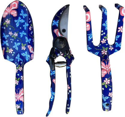 Pruning Shears, Large Soil Shovel, Dirt Rake, Gardening Daily Loosening and Pruning, Non-Slip and Durable, Gift for Men and Women (Gardening Tools Aluminum Set) (Dark Blue Flower 3 PCS Tool)