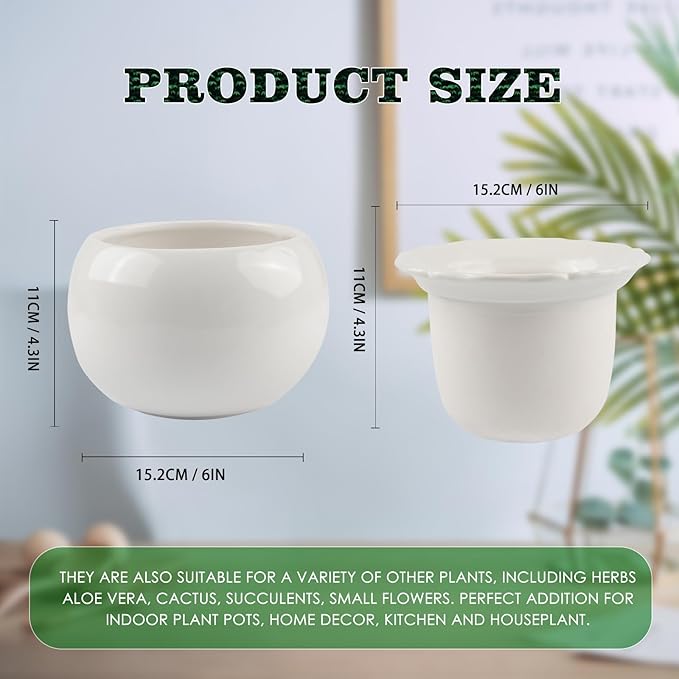 African Violet Pots, 6 Inch Self Watering Pots for Indoor Plants, Self Watering Plant Pot, Easy Plant Self Watering Pot, Ceramic Plant Pot with Absorbent Inner Pot for Flowers-White