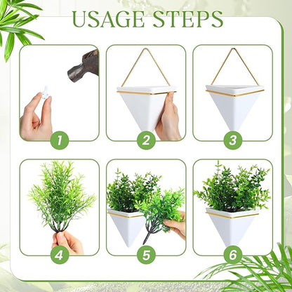 Rtteri 15 Pcs Hanging Artificial Green Plants for Indoor Fake Wall Planter with Faux Plants Geometric Vase Pot (8.2/5.9/4 Inch Size) Ceramic Holder