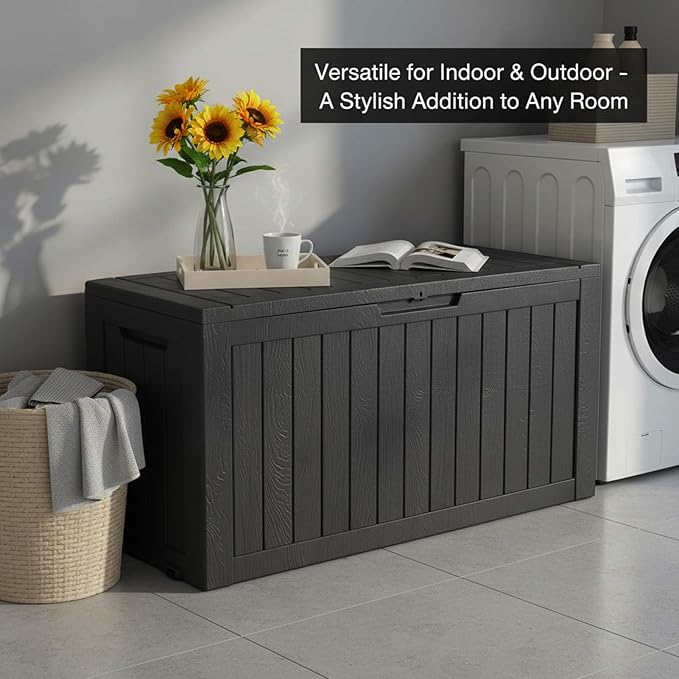 75 Gallon Resin Deck Box, Outdoor Storage Box with Lockable Lid, Waterproof Patio Furniture Cover, Garden Tool Organizer, All-Weather Bench for Deck, Pool & Yard - Black