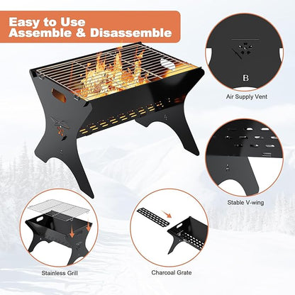 Camping Campfire Grill, Portable Folding Charcoal Grills, Backpacking BBQ Grill with Carry Bag, Outdoor Fire pit for Camping, Picnic, Bonfire, Patio, Backyard-16 Inch