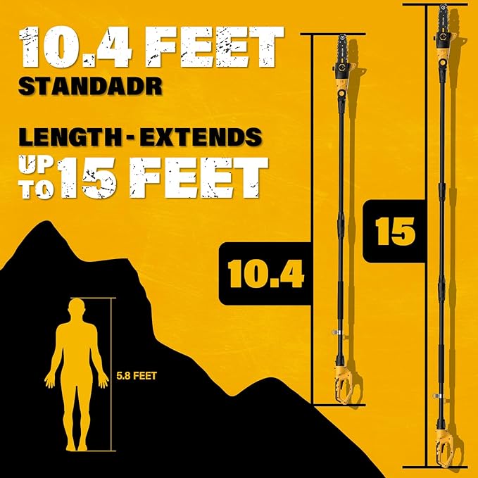 Pole Saw 8-Inch Cordless Tree Trimmer and 18-Inch Pole Hedge Trimmer 2-In-1, 15-Feet Max Reach, Pole Chainsaw, Auto Oiling, with 2x3.0Ah Battery & Charger, for Tree Trimming and Shrubs Pruning