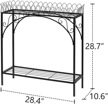 Black Long Double-Layer Plant Shelf, French Courtyard Style Metal Stand for Tall Potted Plants, Sturdy Indoor Outdoor Planter Holder Garden Decor