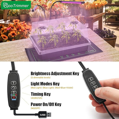 Seed Starter Trays with LED Lights and Heat Mat - 4p Seedling trays with 5" Higher Humidity Domes, 2p Flexible Grow Lights and 2p Constant Temperature Heating Mats, Propagation Tray for Planting Seed