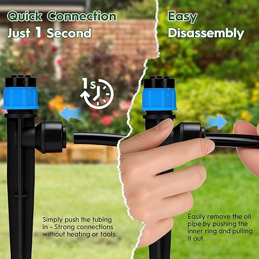200 FT Quick-Connect Drip Irrigation System Kit, Automatic Garden Watering Misting System for Greenhouse, Lawn, Flower Bed with Irrigation Tubing, Hose Splitter 2 Way, Adjustable Drip Emitters