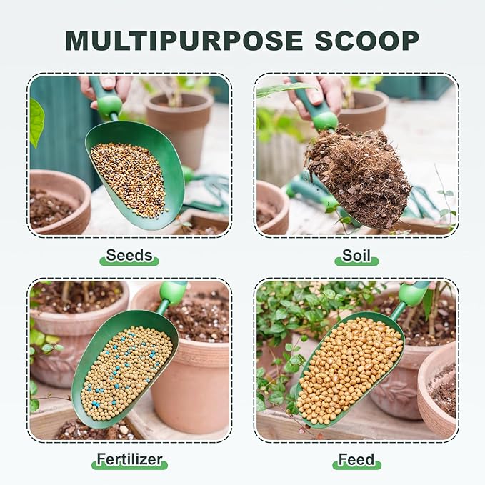 Garden Scoop, 13" Soil Scoop with Ergonomic Rubber Handle, Carbon Steel Potting Shovel Big Volume Gardening Spoon for Transplanting, Digging, Cultivation, Composting, Planting