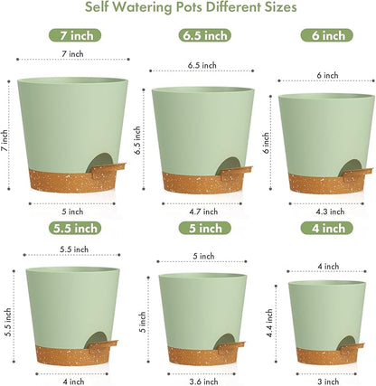 7/6.5/6/5.5/5/4 inch Self Watering Pots for Indoor Outdoor Plants, 6 Pack Plastic Flower Planters with Drainage Holes and Removable Saucers, Plant Pots with Wicking Rope, Green Brown
