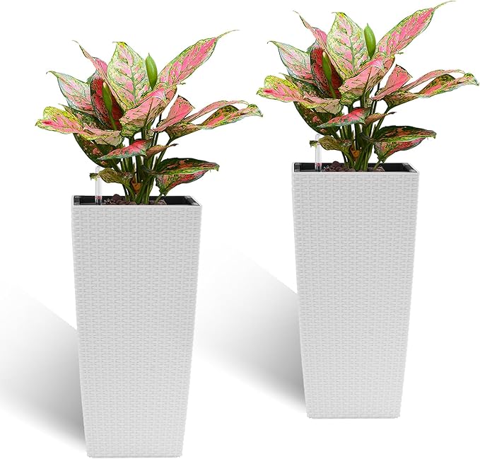 2 Pack Tall Planters for Indoor or Outdoor Plants, Self-Watering Pots with Drain Holes, 22-Inch High Faux Rattan Design Modern Tall Square Planter Box for Porch, Patio, Backyard (Pack of 2, White)