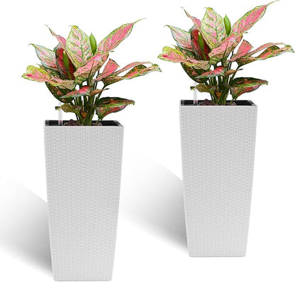 2 Pack Tall Planters for Indoor or Outdoor Plants, Self-Watering Pots with Drain Holes, 22-Inch High Faux Rattan Design Modern Tall Square Planter Box for Porch, Patio, Backyard (Pack of 2, White)