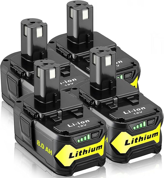 4 Pack 8.0Ah High Capacity Replacement for Ryobi 18v Battery P108 P104 P105 P102 P103 P122 P109 Li-ION Compatible with Ryobi 18V ONE+ System Cordless Power Tools and Charger