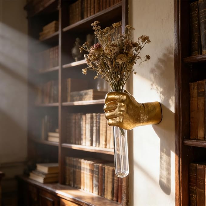 Gold Hand Vase, Wall Mounted Decor - Hanging Statue for Living Rooms & Entrance, Funky Art Sculpture Planter, Esculturas de Pared, Macetas Decorativas, Flower Tubes, Test Tubes for Plants