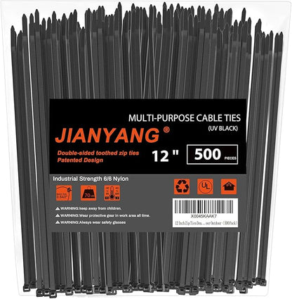 12 Inch Zip Ties Double Sided Toothed,70 LBS Tensile Strength Heavy Duty Cable Wire Ties With Self-Locking Adjustable More Durable Nylon Tie Wraps for Indoor Outdoor（500 Pack）