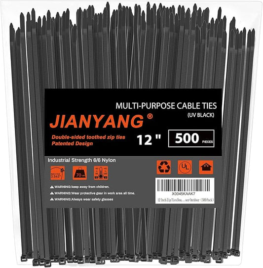 12 Inch Zip Ties Double Sided Toothed,70 LBS Tensile Strength Heavy Duty Cable Wire Ties With Self-Locking Adjustable More Durable Nylon Tie Wraps for Indoor Outdoor（500 Pack）
