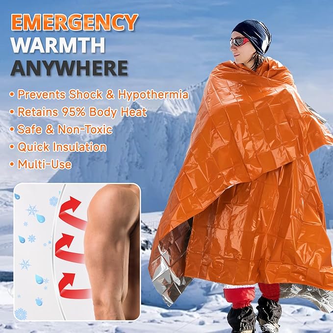 SecuCaptain Survival Emergency Thermal Blankets: Thicken 28um Space Mylar Blanket Kit for Outdoor Cold Winter Camping, Hiking, Car Bug Out Bag, or First Aid - Orange 4 Pack