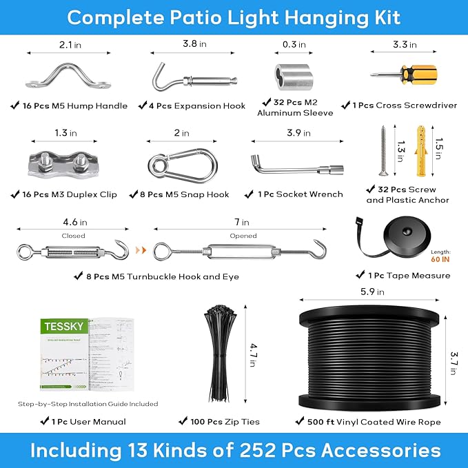 String Light Hanging Kit with 500FT Vinyl Coated Stainless Steel 304 Wire Rope Suspension Kit Included Enough Accessories with Turnbuckles and Hooks for Patio, Garden and Wedding Lighting