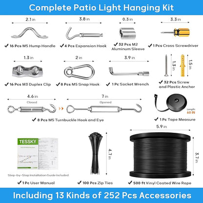 String Light Hanging Kit with 500FT Vinyl Coated Stainless Steel 304 Wire Rope Suspension Kit Included Enough Accessories with Turnbuckles and Hooks for Patio, Garden and Wedding Lighting