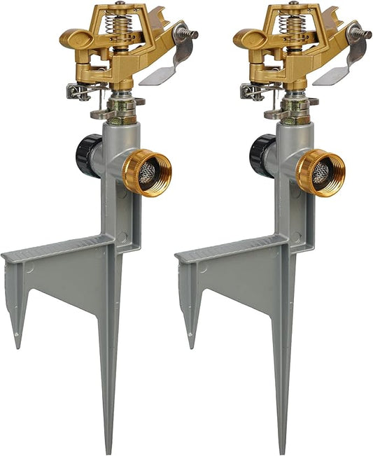 2 Pack Zinc Alloy Impact Sprinklers for Yard, Stainless Steel Pulsating Water Sprinkler Head on Spike Base, Adjustable Water Sprinklers for Large Area Patio Lawn Garden Irrigation