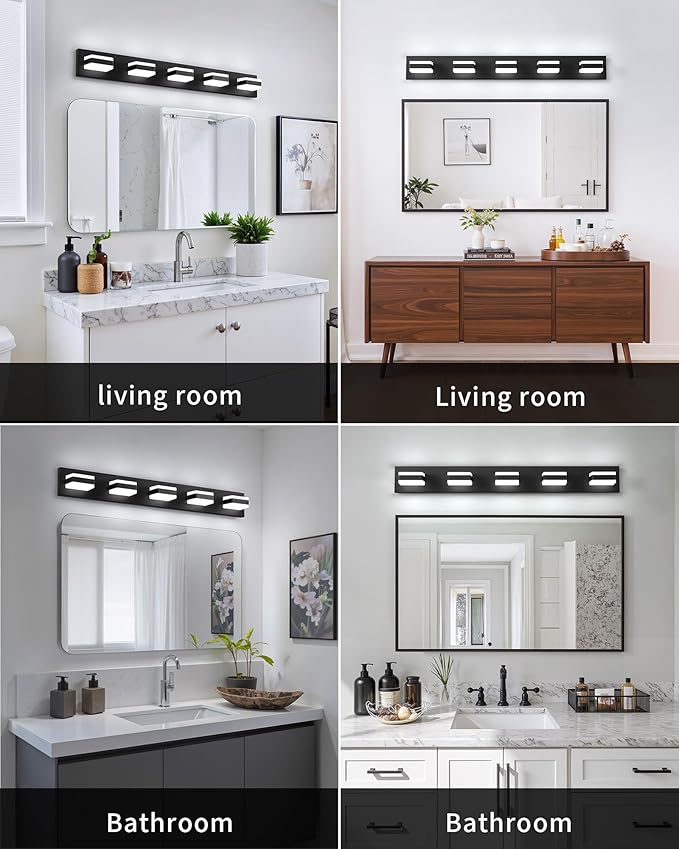 Bathroom Lighting Fixtures Over Mirror, 5 Light Bathroom Vanity Light Fixtures with Cool White 5000K, Matte Black LED Modern Vanity Wall Lights for Bath, Dressing Room, Restroom, 37.4 inch
