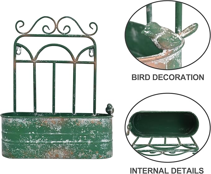 Rustic Metal Wall Planter Vintage Wall Mounted Flower Pot Distressed Wall Hanging Plant Basket Farmhouse Wall Decor for Indoor Outdoor Garden Home Yard (Green)