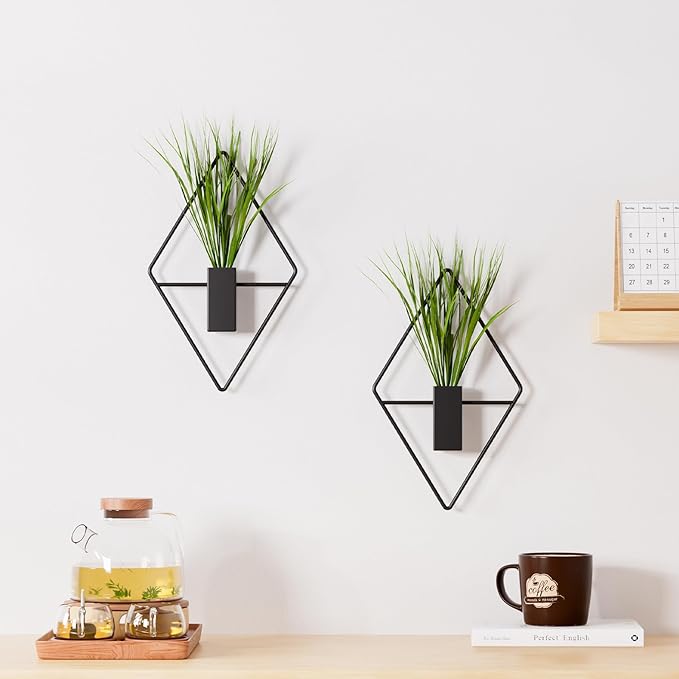 Cute Set of 2 Small Wall Hanging Planters, 10x5 Inch Mini Geometric Wall Vase with Artificial Plants, Compact Boho Farmhouse Decor for Bathroom, Living Room, Bedroom, Office (Black)