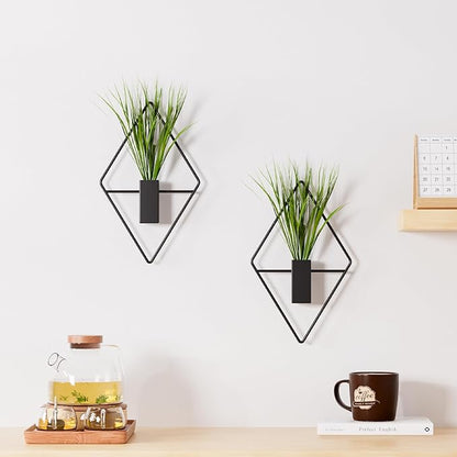 Cute Set of 2 Small Wall Hanging Planters, 10x5 Inch Mini Geometric Wall Vase with Artificial Plants, Compact Boho Farmhouse Decor for Bathroom, Living Room, Bedroom, Office (Black)