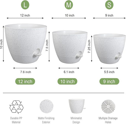 Large Self Watering Pots, 12/10/9 Plastic Planters with High Drainage Holes and Deep Reservoir for Indoor Outdoor Garden Plants and Flowers, White Speckles